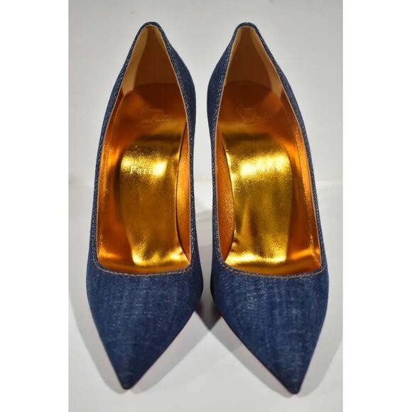 Christian Louboutin Kate 100 Blue Denim Saba Gold Stiletto Pointed Heel Pump 40 - Picture 6 of 12